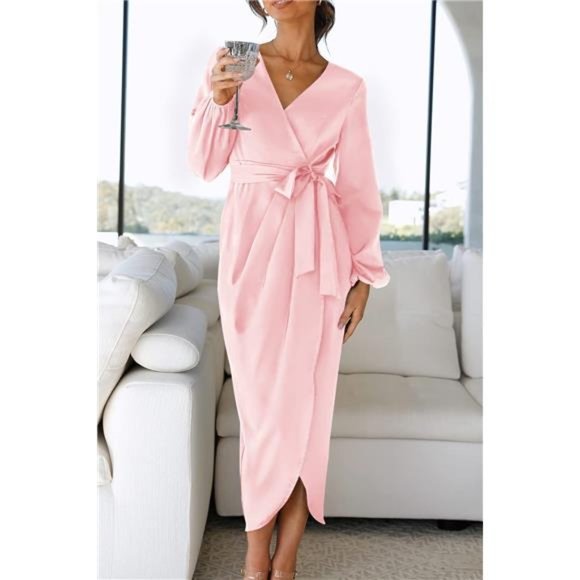 Women's Elegant V Neck Dress & Pink Satin Long Sleeve Midi Dress - Picture 2 of 6